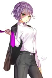 Rule 34 | 1girl, arm at side, bad id, bad pixiv id, belt, black jacket, black pants, collared shirt, cowboy shot, dress shirt, formal, gambe, green eyes, hair between eyes, high-waist pants, holding, jacket, jacket on shoulders, long sleeves, looking at viewer, necktie, out of frame, pants, pretty series, pripara, shade, shikyoin hibiki, shirt, short hair, signature, silver hair, simple background, sleeves rolled up, solo, suit, swept bangs, white background, white shirt