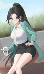 Rule 34 | 1girl, absurdres, alternate costume, animification, black eyes, black hair, bush, coffee cup, collared shirt, cup, disposable cup, green jacket, highres, holding, holding cup, ilmm, jacket, long hair, looking at viewer, necktie, office lady, pencil skirt, pointing, ponytail, sage (valorant), shirt, shirt tucked in, sitting, skirt, smile, solo, starbucks, valorant, very long hair, white necktie, white shirt