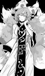 Rule 34 | 1girl, fox tail, greyscale, hand on own cheek, hand on own face, hat, highres, mob cap, monochrome, solo, soumenhiyamugi, tail, touhou, yakumo ran