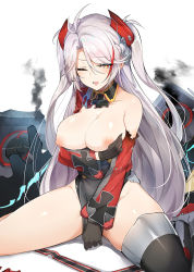 Rule 34 | 1girl, antenna hair, azur lane, blush, breasts, breasts out, covering privates, covering crotch, cross, damaged, gloves, hair between eyes, headgear, iron cross, large breasts, leotard, long hair, long sleeves, looking at viewer, luse maonang, mole, mole on breast, multicolored hair, nipples, one eye closed, open mouth, prinz eugen (azur lane), red hair, rigging, silver hair, simple background, sitting, skindentation, smoke, solo, streaked hair, thighhighs, torn clothes, two side up, very long hair, white background