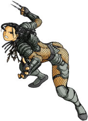 Rule 34 | 1990s (style), 1girl, alien (series), alien vs. predator, angry, arm blade, armor, armored boots, asian, ass, bikini armor, black hair, bodysuit, bone necklace, boots, dreadlocks, fighting stance, fingerless gloves, fishnet bodysuit, fishnets, gloves, jewelry, knee boots, leaning forward, long hair, looking at viewer, max kim, necklace, noguchi machiko, predator (1987), predator (character), predator (series), retro artstyle, science fiction, scowl, shoulder armor, simple background, solo, teeth, thigh armor, third-party source, toned, tooth necklace, vambraces, weapon, white background, wrist blades
