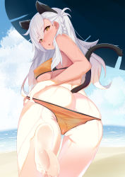 Rule 34 | 1girl, :o, absurdres, animal ears, ass, asura (moepeach), back, bare legs, bare shoulders, barefoot, beach, beach umbrella, bikini, bikini pull, blue sky, blush, braid, breasts, cameltoe, cat ears, cat tail, clothes pull, cloud, commentary request, covered erect nipples, day, fate/grand order, fate (series), feet, from behind, hair between eyes, half-closed eyes, highres, kemonomimi mode, large breasts, long hair, looking at viewer, looking back, ocean, olga marie animusphere, open mouth, orange bikini, outdoors, panties, panty pull, partially visible vulva, sand, side braid, sideboob, skindentation, sky, soles, solo, swimsuit, tail, teeth, toes, tongue, twisted neck, umbrella, underboob, underwear, undressing, upper teeth only, water, wet, white hair, yellow eyes