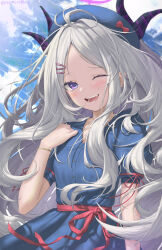 Rule 34 | 1girl, ;d, absurdres, ahoge, alternate costume, blue archive, blue dress, blue sky, blurry, bracelet, collarbone, commentary request, dating, demon girl, demon horns, depth of field, dress, forehead, grey hair, hair ornament, hairclip, halo, hat, highres, hina (blue archive), horns, jewelry, long hair, looking at viewer, okomekura, one eye closed, open mouth, parted bangs, purple eyes, short sleeves, sidelocks, sky, smile, solo, white hair