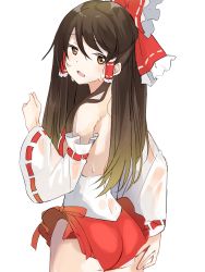 Rule 34 | 1girl, absurdres, adapted costume, ass, black background, blonde hair, bow, brown eyes, brown hair, commission, detached sleeves, gradient background, gradient hair, hair bow, hair tubes, hakurei reimu, hand on own ass, highres, leotard, long hair, multicolored hair, pixiv commission, red bow, ribbon-trimmed sleeves, ribbon trim, sidelocks, simple background, solo, textless version, touhou, tsushi, white background