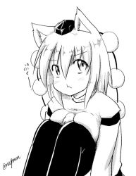 Rule 34 | 1girl, :t, animal ears, black thighhighs, blush, breast press, breasts, greyscale, hat, inubashiri momiji, large breasts, looking at viewer, monochrome, pom pom (clothes), pout, short hair, signature, simple background, solo, taurine 8000mg, thighhighs, tokin hat, touhou, translation request, white background, wolf ears