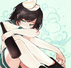 Rule 34 | 1girl, black footwear, black hair, blush, boots, bottle, commentary request, covered mouth, crossed arms, drunk, green background, green eyes, green sailor collar, half-closed eyes, hat, hisona (suaritesumi), holding, holding bottle, knees up, looking to the side, murasa minamitsu, nose blush, sailor collar, sailor hat, shirt, short hair, short sleeves, shorts, sitting, solo, touhou, white hat, white shirt, white shorts