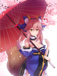 Rule 34 | 10s, 1girl, absurdres, animal ears, bare shoulders, blue bow, blue kimono, bow, breasts, cherry blossoms, detached sleeves, fate/extra, fate (series), fox ears, fox tail, hair bow, highres, holding, holding umbrella, japanese clothes, kimono, kuroneko (hmilk), large breasts, obi, oil-paper umbrella, pink hair, sash, short kimono, sidelocks, smile, solo, standing, tail, tamamo (fate), tamamo no mae (fate/extra), twintails, umbrella, wide sleeves, yellow eyes