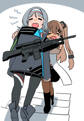 Rule 34 | 2girls, = =, bad id, bad pixiv id, boots, capoki, crying, daewoo k3, girls&#039; frontline, gun, hair ornament, hairband, hairclip, hiding, hiding behind another, highres, human shield, k2 (girls&#039; frontline), k3 (girls&#039; frontline), light machine gun, long hair, multiple girls, one side up, pushing, shoes, stairs, tears, walking, wavy mouth, weapon