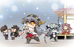 Rule 34 | 10s, 6+girls, abyssal ship, alcohol, bare shoulders, black hair, bodysuit, boots, brown hair, cape, chibi, chili pepper, detached sleeves, eating, flying sweatdrops, hair intakes, hairband, haruna (kancolle), hisahiko, japanese clothes, jun&#039;you (kancolle), kaga (kancolle), kantai collection, long hair, multiple girls, nagato (kancolle), open mouth, pale skin, pepper, purple hair, red eyes, revision, sake, side ponytail, silver hair, snowing, star-shaped pupils, star (symbol), symbol-shaped pupils, tentacles, thigh boots, thighhighs, translated, wo-class aircraft carrier