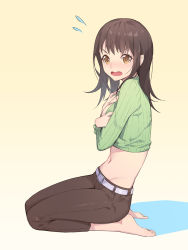 Rule 34 | 1girl, barefoot, beige background, belt, belt buckle, blouse, blush, brown eyes, brown hair, brown pants, buckle, capri pants, covering privates, covering breasts, crop top, flying sweatdrops, full body, gradient background, green shirt, highres, itsuwa, long hair, long sleeves, looking at viewer, midriff, navel, nian (zhanian), nose blush, open mouth, pants, seiza, shadow, shirt, sitting, solo, toaru majutsu no index, white belt