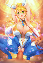 Rule 34 | 1boy, 1girl, :o, animal ears, armpits, arms behind head, artoria pendragon (all), artoria pendragon (fate), artoria pendragon (swimsuit ruler) (fate), blonde hair, blue neckwear, blue pantyhose, breasts, censored, clothed sex, clothing aside, collar, cowgirl position, detached collar, fake animal ears, fate/grand order, fate (series), full body, green eyes, heart, hetero, huge breasts, leash, leotard, leotard aside, long hair, looking at viewer, md5 mismatch, mosaic censoring, navel, necktie, nipples, open mouth, pantyhose, penis, playboy bunny, ponytail, pussy, rabbit ears, resolution mismatch, sex, shiny skin, source larger, spread legs, squatting, straddling, sugihara (sugihara2000), sweat, thighs, torn clothes, torn legwear, vaginal, white leotard, wide spread legs, yellow background