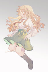 Rule 34 | 1girl, absurdres, artist name, black footwear, blonde hair, breasts, closed mouth, collared shirt, expressionless, floating, full body, gradient background, green skirt, grey background, hair ornament, highres, kyuutame, large breasts, leaf hair ornament, long hair, long sleeves, looking to the side, maple leaf hair ornament, matara okina, multicolored background, necktie, orange necktie, profile, puffy sleeves, romaji commentary, shirt, skirt, solo, spider web hair ornament, touhou, two-tone background, watermark, white background, white shirt, white sleeves, yellow eyes