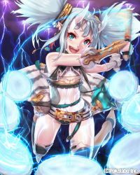 Rule 34 | 1girl, blue eyes, electricity, highres, horns, mana (remana), midriff, official art, original, pointy ears, short hair, silver hair, solo, thighhighs, weapon