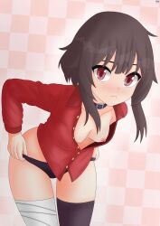 Rule 34 | 1girl, absurdres, breasts, breasts out, brown hair, choker, highres, kaschmatz, kono subarashii sekai ni shukufuku wo!, leaning, leaning forward, looking at viewer, megumin, nipples, open clothes, open shirt, panties, red eyes, red shirt, shirt, short hair, simple background, small breasts, tagme, underwear, undressing