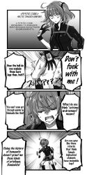 Rule 34 | 4koma, artist request, bare legs, comic, command spell, fate/grand order, fate (series), female focus, fujimaru ritsuka (female), gloves, greyscale, hard-translated, highres, monochrome, profanity, side ponytail, solo, sweat, third-party edit, translated, uniform, winter clothes