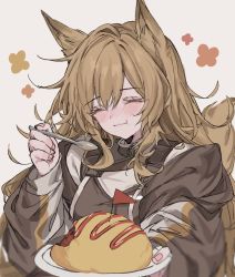 Rule 34 | 1girl, animal ears, aogisa, arknights, blush, brown hair, ceobe (arknights), chewing, closed eyes, dog ears, dog girl, dog tail, eating, food, happy, highres, holding, holding plate, holding spoon, long hair, long sleeves, omelet, omurice, plate, solo, spoon, tail
