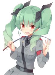 Rule 34 | 10s, 1girl, anchovy (girls und panzer), belt, black necktie, black ribbon, black shirt, dress shirt, drill hair, girls und panzer, green hair, grey jacket, hair ribbon, highres, holding, holding riding crop, jacket, long hair, long sleeves, looking at viewer, military, military uniform, necktie, open mouth, red eyes, ribbon, riding crop, shirt, shoulder belt, shuuichi (gothics), simple background, solo, standing, sweatdrop, twin drills, twintails, uniform, upper body, white background