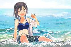 Rule 34 | 1girl, bike shorts, black hair, black skirt, breasts, collarbone, hair ornament, hairclip, kantai collection, kuroshio (kancolle), kusakabe (kusakabeworks), looking at viewer, medium breasts, midriff, ocean, one eye closed, open clothes, open mouth, open shirt, pleated skirt, short hair, shorts, shorts under skirt, sitting, skirt, solo, sports bra, water, waves, yellow eyes