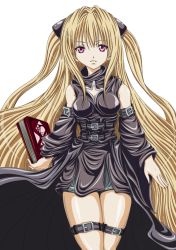 Rule 34 | 00s, bad id, bad pixiv id, blonde hair, book, konjiki no yami, long hair, madhatter hello, purple eyes, solo, thigh strap, to love-ru, twintails, two side up, very long hair