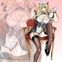 Rule 34 | 1girl, :p, banana, black thighhighs, blonde hair, breasts, cleavage, corset, covered erect nipples, fei (maidoll), food, fruit, garter straps, high heels, large breasts, legs, long hair, maid, maid headdress, original, pumps, shoes, sitting, skirt, solo, thighhighs, tongue, tongue out