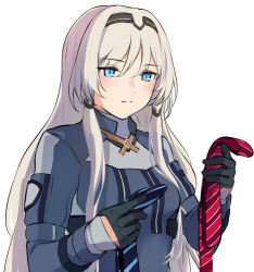 Rule 34 | 1girl, 3 small spiders, an-94 (girls&#039; frontline), blue eyes, blue necktie, breasts, commentary request, girls&#039; frontline, gloves, hair between eyes, hairband, half gloves, highres, holding necktie, long hair, long sleeves, necktie, red necktie, sidelocks, small breasts, solo, upper body, white background, white hair