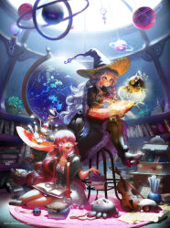 Rule 34 | 2girls, :d, :o, absurdres, bird, blue eyes, book, bow, braid, chair, dome, frills, gloves, hat, high heels, highres, indoors, inkwell, instrument, light purple hair, long hair, looking down, looking up, lost elle, magic, monocle, multiple girls, open mouth, owl, pantyhose, pectorals, pink eyes, pixiv fantasia, planetarium, plant, potted plant, purple hair, red hair, shelf, sitting, smile, stuffed toy, treasure chest, twin braids, violin, wavy hair, witch, witch hat