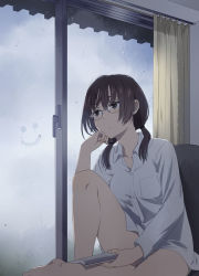 Rule 34 | 1girl, arm support, barefoot, black hair, breasts, collared shirt, condensation, curtains, dress shirt, glass writing, glasses, indoors, long sleeves, looking away, low twintails, mattaku mousuke, medium breasts, no pants, original, rain, shirt, sitting, smile, smiley face, solo, twintails, white shirt, window