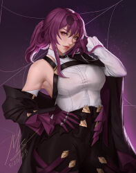 Rule 34 | 1girl, absurdres, black jacket, breasts, dated, eyewear on head, gloves, gradient background, hand on own hip, highres, honkai: star rail, honkai (series), jacket, kafka (honkai: star rail), large breasts, lips, long hair, long jacket, looking at viewer, meister staze, purple background, purple eyes, purple gloves, purple hair, round eyewear, shirt, single-shoulder shirt, solo, sunglasses, white shirt