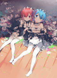Rule 34 | 10s, 2girls, apron, blue eyes, blue hair, blue ribbon, bow, breasts, dated, detached collar, detached sleeves, flower, hair ornament, hair over one eye, hair ribbon, highres, maid, maid headdress, mouth hold, multiple girls, no shoes, open mouth, panties, panty pull, ram (re:zero), re:zero kara hajimeru isekai seikatsu, red eyes, red hair, red ribbon, rem (re:zero), ribbon, ribbon in mouth, short hair, siblings, side-tie panties, signature, sisters, small breasts, triangle mouth, twins, underwear, undressing, waist apron, white panties, wide sleeves, x hair ornament, zhongye yu