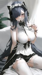 Rule 34 | 1girl, 2sham, absurdres, black bow, black bowtie, black eyes, black hair, blush, bow, bowtie, breasts, couch, highres, image sample, large breasts, long hair, looking at viewer, plant, sitting, solo, thighhighs, twitter sample, very long hair, white thighhighs