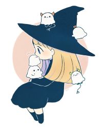 Rule 34 | 1girl, ayu (mog), black dress, black hat, black socks, blonde hair, blue eyes, dress, from side, ghost, hat, invisible chair, kiss, long hair, original, signature, sitting, smile, socks, solo, wavy mouth, witch, witch hat