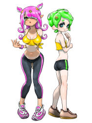 Rule 34 | 2girls, ass, bare shoulders, black leggings, black shorts, blue eyes, breasts, camisole, cephalopod eyes, cleavage, freckles, gluteal fold, green hair, hair over one eye, highres, horizontal pupils, inkling girl, inkling player character, koharu2.5, leggings, lips, long hair, medium breasts, mole, mole on breast, mole on stomach, multiple girls, multiple moles, navel, nintendo, octoling girl, octoling player character, open mouth, pink footwear, pink pupils, pointy ears, shirt, shoes, short hair, shorts, single vertical stripe, splatoon (series), strap slip, suction cups, tan, tanline, teeth, tentacle hair, tied shirt, two-tone footwear, two side up, upper teeth only, white footwear, yellow camisole, yellow eyes