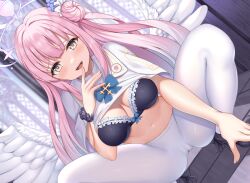 Rule 34 | 1girl, angel wings, black bow, black footwear, black scrunchie, blue archive, blue bow, blue bowtie, blue bra, blue flower, blush, bow, bowtie, bra, breasts, cameltoe, capelet, cleft of venus, clothing aside, cross, feathered wings, fingernails, flower, footwear bow, frilled ribbon, frills, furrowed brow, gradient hair, hair bun, hair flower, hair ornament, hair ribbon, halo, high heels, kanikou, large breasts, long hair, looking at viewer, low wings, mika (blue archive), multicolored hair, navel, open mouth, pantyhose, pink hair, pink halo, pumps, reaching, reaching towards viewer, ribbon, scrunchie, single side bun, smile, solo, squatting, stained glass, stomach, teeth, thighs, tile floor, tiles, underwear, white capelet, white pantyhose, white ribbon, white wings, wings, wrist scrunchie, yellow eyes