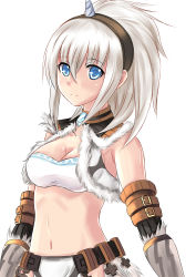 Rule 34 | 1girl, absurdres, allenes, blue eyes, breasts, cleavage, gauntlets, hairband, highres, kirin (armor), looking at viewer, monster hunter (series), navel, silver hair, simple background, smile, solo, stomach, white background