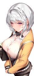 Rule 34 | 1girl, bad id, bad twitter id, bag, black bow, black skirt, blush, bow, breasts, closed mouth, collared shirt, cowboy shot, from above, grey hair, hair between eyes, highres, jacket, large breasts, long sleeves, looking at viewer, open clothes, open jacket, original, own hands together, pantyhose, pleated skirt, purple eyes, ryuji (ikeriu), shirt, simple background, skirt, solo, standing, v arms, white background, white shirt, yellow jacket