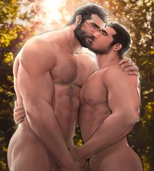 Rule 34 | 2boys, abs, age difference, arm hair, bara, beard, blush, chest hair, completely nude, couple, dopey (dopq), facial hair, forest, from side, glasses, hand on another&#039;s shoulder, kiss, large pectorals, male focus, mature male, multiple boys, muscular, muscular male, mustache, nature, navel hair, nipples, nude, old, old man, original, pectoral press, pectorals, penis, rimless eyewear, round eyewear, short hair, sideburns, stomach, sunlight, thick eyebrows, yaoi