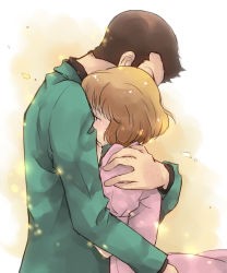 Rule 34 | 1boy, 1girl, arsene lupin iii, black hair, brown hair, castle of cagliostro, clarisse de cagliostro, covered face, covered mouth, from side, green jacket, hetero, hug, jacket, long hair, lupin iii, nagisa-a, short hair, white background