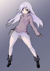 Rule 34 | 1girl, ankle boots, black footwear, blue eyes, boots, breasts, closed mouth, full body, gradient background, highres, johan (johan13), legs apart, long hair, long sleeves, multicolored hair, no nose, original, panties, panties under pantyhose, pantyhose, purple hair, purple panties, purple sweater, sleeves past wrists, small breasts, solo, standing, sweater, turtleneck, turtleneck sweater, two-tone hair, underwear, white hair, white pantyhose