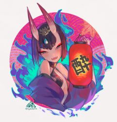 Rule 34 | 1girl, blush, breasts, commentary, fangs, fate/grand order, fate (series), fire, grey background, hair ornament, horns, japanese clothes, kimono, kyo (kyokuto016), lantern, looking at viewer, oni, open mouth, purple eyes, purple hair, short hair, shuten douji (fate), signature, skin-covered horns, small breasts, smile, solo, twitter username