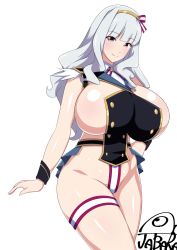 Rule 34 | 1girl, breasts, hair ornament, hairband, highres, huge breasts, idolmaster, idolmaster (classic), jabara tornado, long hair, looking at viewer, revealing clothes, shijou takane, showgirl skirt, silver hair, simple background, smile, thigh strap, wavy hair, white background
