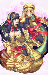 Rule 34 | 1boy, 1girl, black hair, blonde hair, blush, bow, breasts, cleavage, collar, corset, couple, dress, fang, frilled dress, frills, green eyes, hair ornament, hairclip, hand on another&#039;s cheek, hand on another&#039;s face, hand on own hip, hat, hetero, key, lamia, large breasts, long hair, looking at another, low-tied long hair, maid headdress, monster girl, original, petals, pointy ears, red eyes, ribbon, scales, sidelocks, smile, tail, tail bow, tail ornament, yui sora