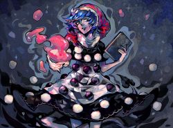 Rule 34 | 1girl, arlmuffin, blob, blue eyes, blue hair, book, colored eyelashes, doremy sweet, dress, hat, matching hair/eyes, nightcap, parted lips, pom pom (clothes), short hair, short sleeves, smile, solo, touhou
