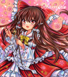 Rule 34 | 1girl, :d, bell, bow, bowtie, brown hair, cowboy shot, detached sleeves, floating hair, flower, frilled bow, frilled hair tubes, frilled shirt collar, frills, gohei, hair bow, hair tubes, hakurei reimu, hand up, holding, holding gohei, jingle bell, long hair, long sleeves, marker (medium), open mouth, petals, pink background, pink flower, red bow, red eyes, red skirt, red vest, ribbon-trimmed sleeves, ribbon trim, rui (sugar3), sample watermark, sidelocks, skirt, skirt set, smile, solo, standing, straight hair, touhou, traditional media, very long hair, vest, watermark, white sleeves, wide sleeves, yellow bow, yellow bowtie
