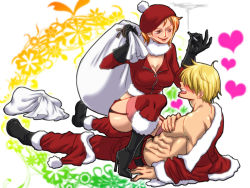 Rule 34 | 1boy, 1girl, arm support, blonde hair, blush, breasts, christmas, cigarette, cleavage, fur trim, garter straps, hat, heart, jacket, kuri (pienu), lying, nami (one piece), on back, one piece, open clothes, open jacket, orange hair, pectorals, red thighhighs, sanji (one piece), smile, smoke, straddling, thighhighs, thighs