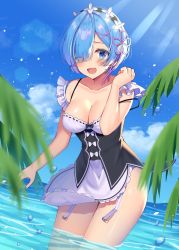 Rule 34 | 1girl, ;d, arm at side, bare shoulders, black bow, black ribbon, blue eyes, blue hair, blue sky, blush, bow, breasts, cleavage, collarbone, commentary request, day, eyes visible through hair, frilled sleeves, frills, garter straps, hair ornament, hair over one eye, hand up, highres, izumo neru, leaf, looking at viewer, maid, maid headdress, medium breasts, ocean, one eye closed, open mouth, outdoors, palm tree, partially submerged, pink ribbon, plant, purple ribbon, re:zero kara hajimeru isekai seikatsu, rem (re:zero), ribbon, ribbon-trimmed clothes, ribbon trim, shiny skin, short hair, sky, smile, solo, standing, tree, underbust, wading, water, water drop, x hair ornament