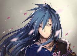 Rule 34 | 1boy, blue hair, cherry blossoms, closed mouth, dias flac, looking to the side, male focus, murata tefu, red eyes, simple background, solo, star ocean, star ocean anamnesis, star ocean the second story
