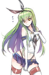 Rule 34 | ..., 1girl, bare shoulders, black panties, blush, body blush, c.c., code geass, cosplay, covering crotch, covering privates, creayus, elbow gloves, frown, gloves, green hair, hairband, jpeg artifacts, kantai collection, long hair, midriff, miniskirt, navel, panties, shimakaze (kancolle), shimakaze (kancolle) (cosplay), simple background, sketch, skirt, skirt tug, solo, striped clothes, striped thighhighs, sweat, thighhighs, thong, underwear, white background, white gloves, yellow eyes