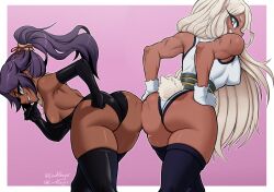 Rule 34 | 2girls, animal ears, ass, ass-to-ass, ass focus, ass press, black gloves, black leotard, black thighhighs, bleach, boku no hero academia, breasts, crossover, curvy, dark-skinned female, dark skin, elbow gloves, female focus, gloves, grin, highleg, highleg leotard, highres, huge ass, large breasts, leotard, long hair, looking at viewer, looking back, lord guyis, medium breasts, mirko, multiple girls, muscular, muscular female, ponytail, purple hair, rabbit ears, rabbit girl, rabbit tail, red eyes, shihouin yoruichi, shiny skin, shounen jump, sideboob, smile, tail, thighhighs, thighs, trait connection, very long hair, white gloves, white hair, white leotard, wide hips, yellow eyes