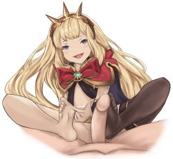 Rule 34 | 1girl, barefoot, blonde hair, cagliostro (granblue fantasy), censored, feet, footjob, granblue fantasy, hairband, highres, long hair, looking at viewer, open mouth, penis, precum, purple eyes, sinv, soles, toes
