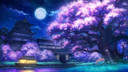 Rule 34 | architecture, boat, bridge, building, castle, cherry blossoms, cloud, cloudy sky, commentary request, east asian architecture, full moon, grass, moon, night, night sky, no humans, official art, outdoors, river, scenery, shiki makoto, sky, star (sky), starry sky, tree, urashimasakatasen, water, watercraft